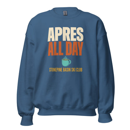 Après All Day Stonepine Basin Ski Club retro apres-ski crewneck sweatshirt — Indigo Blue, front