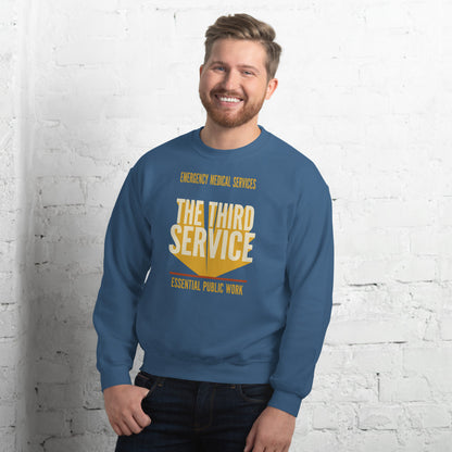 The Third Service EMS crewneck sweatshirt — Indigo Blue, on model