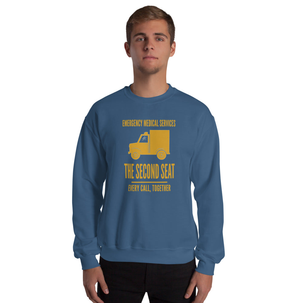 The Second Seat EMS paramedic crewneck — Indigo Blue, on model