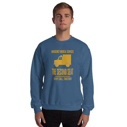 The Second Seat EMS paramedic crewneck — Indigo Blue, on model