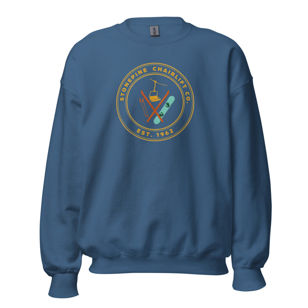 Stonepine Chairlift Co. retro vintage ski club badge crewneck sweatshirt — Indigo Blue, front