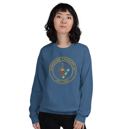 Stonepine Chairlift Co. retro vintage ski club badge crewneck sweatshirt — Indigo Blue, on model
