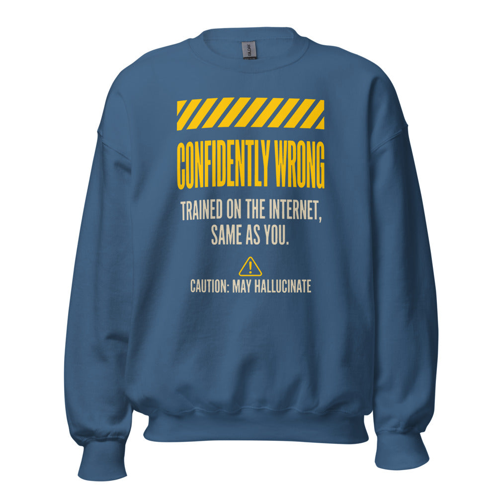 Confidently Wrong AI hazard-label crewneck sweatshirt — Indigo Blue, front