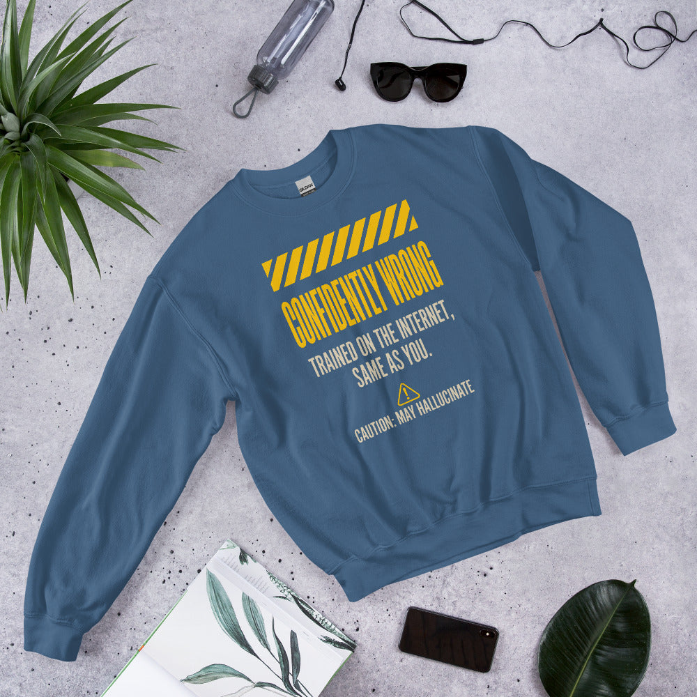 Confidently Wrong AI hazard-label crewneck sweatshirt — Indigo Blue, flat lay