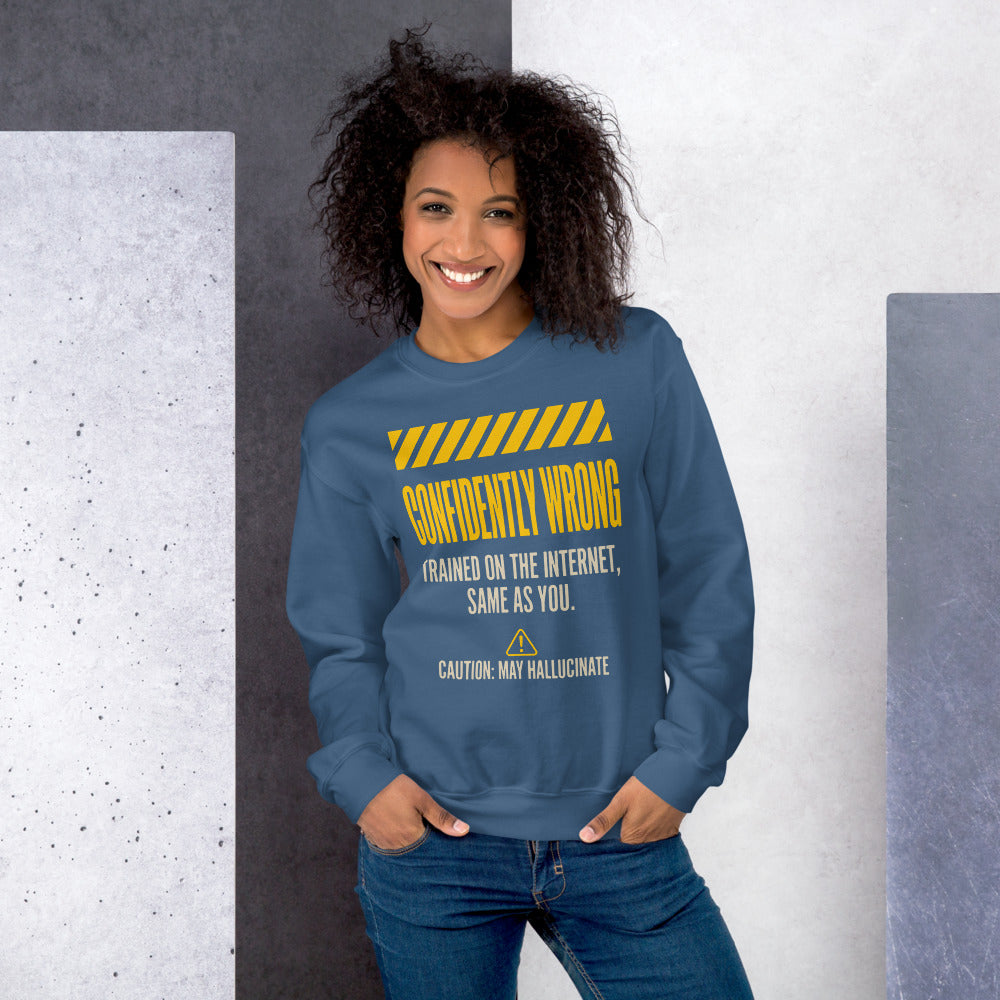 Confidently Wrong AI hazard-label crewneck sweatshirt — Indigo Blue, on model
