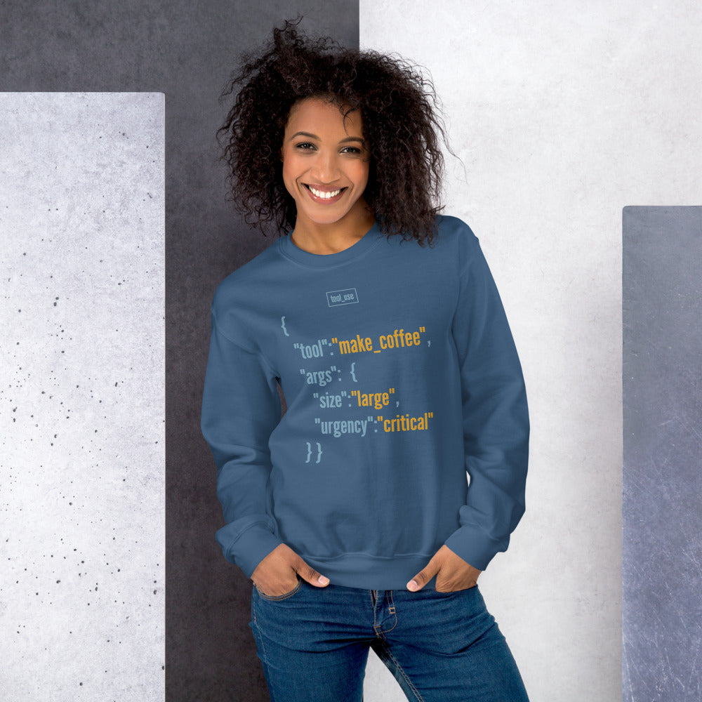 Tool Call Make Coffee AI engineer crewneck sweatshirt — Indigo Blue, on model