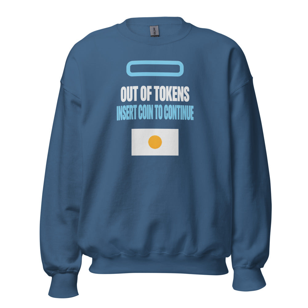 Insert Coin To Continue out of tokens crewneck sweatshirt — Indigo Blue, front