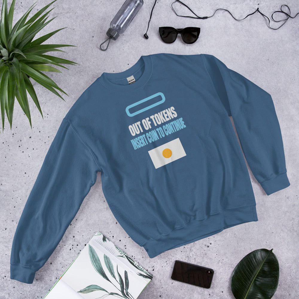 Insert Coin To Continue out of tokens crewneck sweatshirt — Indigo Blue, flat lay
