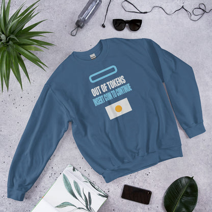 Insert Coin To Continue out of tokens crewneck sweatshirt — Indigo Blue, flat lay