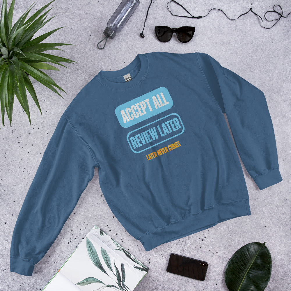Accept All Review Later crewneck sweatshirt — Indigo Blue, flat lay