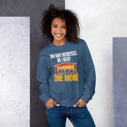 One More funny motorcycle crewneck sweatshirt — Indigo Blue, on model