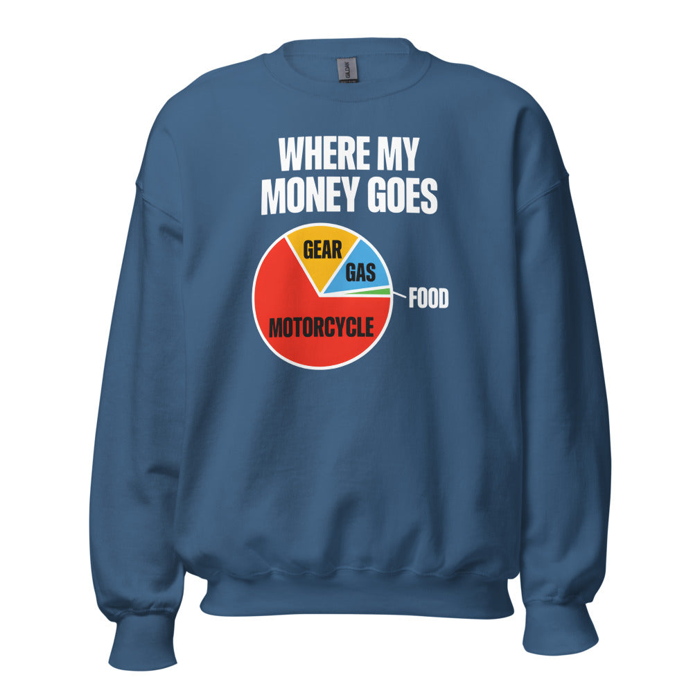 Where My Money Goes funny motorcycle crewneck sweatshirt — Indigo Blue, front