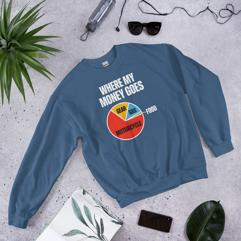 Where My Money Goes funny motorcycle crewneck sweatshirt — Indigo Blue, flat lay