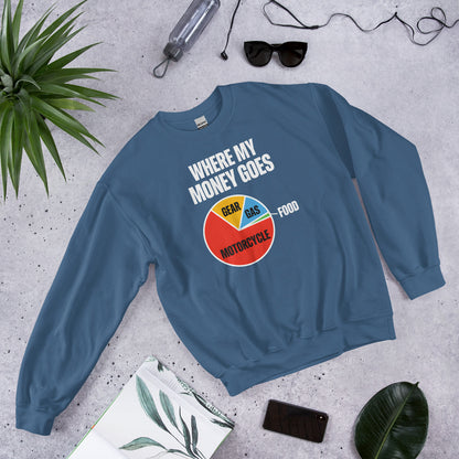 Where My Money Goes funny motorcycle crewneck sweatshirt — Indigo Blue, flat lay