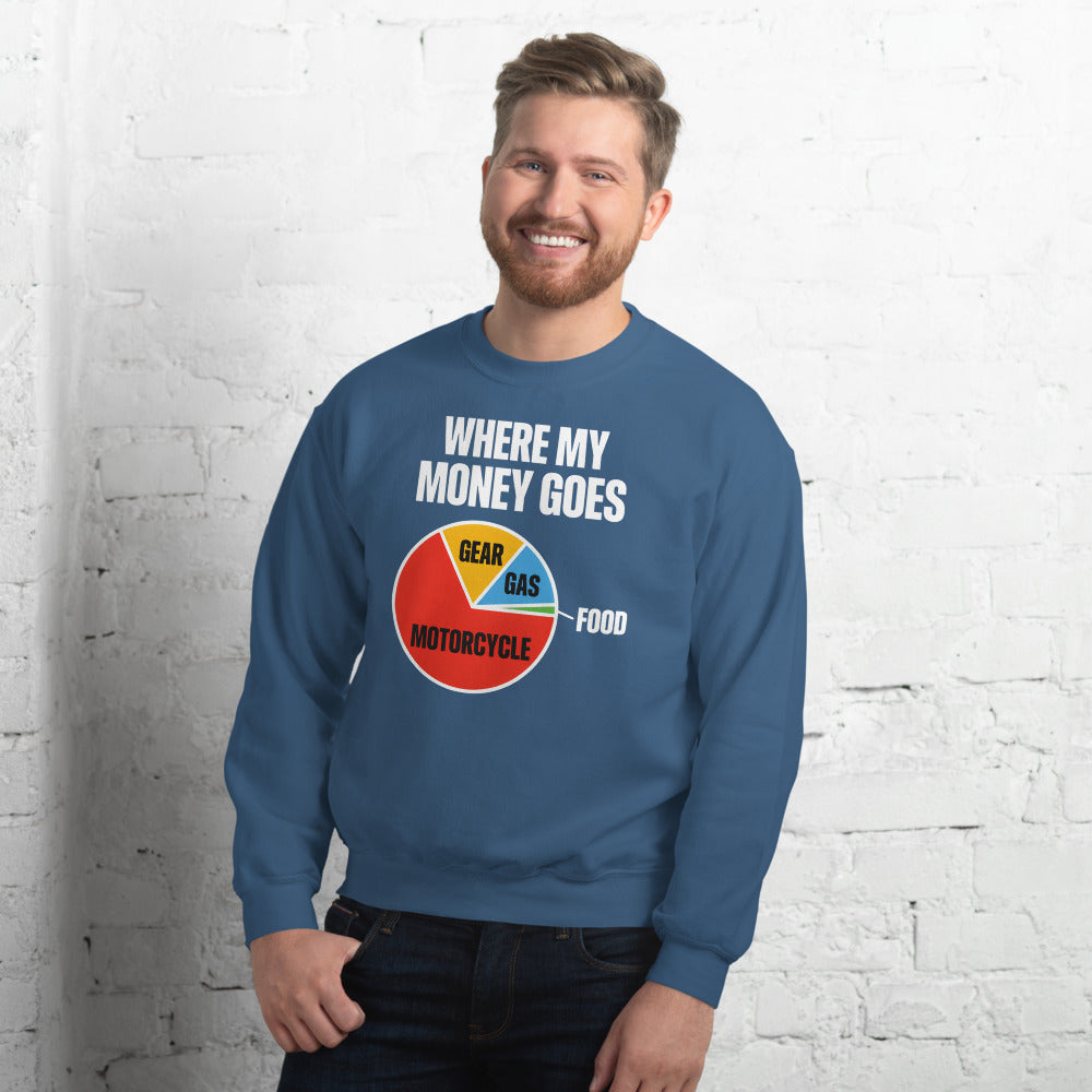 Where My Money Goes funny motorcycle crewneck sweatshirt — Indigo Blue, on model