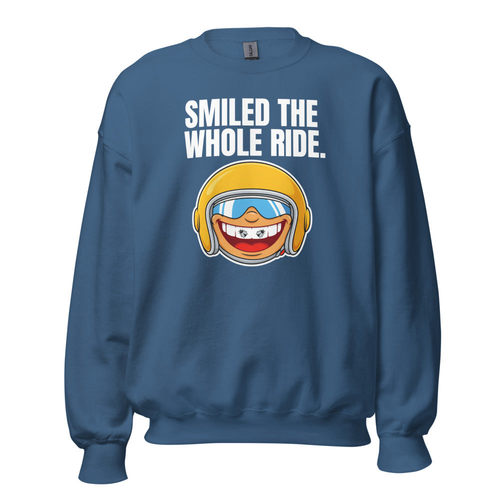 Smiled The Whole Ride funny motorcycle crewneck sweatshirt — Indigo Blue, front