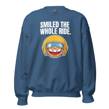 Smiled The Whole Ride funny motorcycle crewneck sweatshirt — Indigo Blue, front