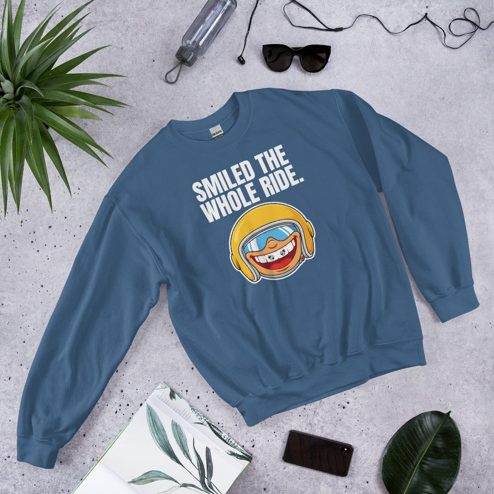 Smiled The Whole Ride funny motorcycle crewneck sweatshirt — Indigo Blue, flat lay