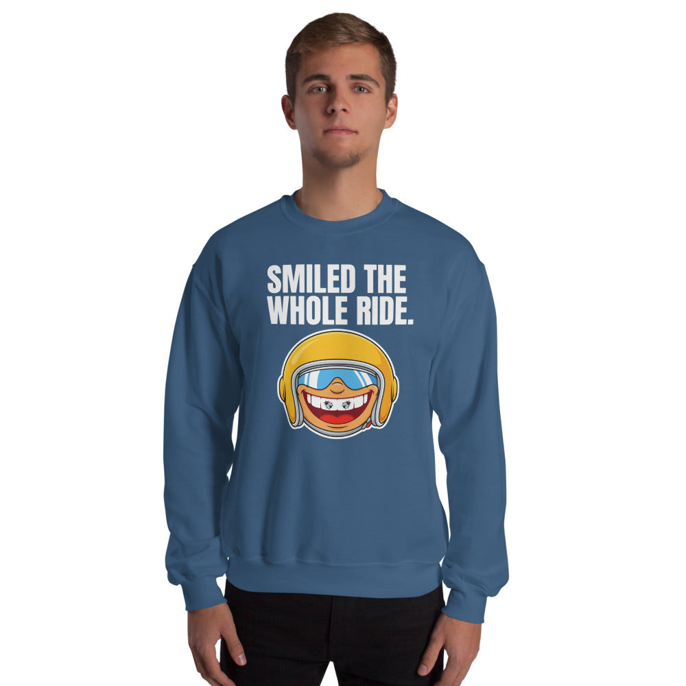 Smiled The Whole Ride funny motorcycle crewneck sweatshirt — Indigo Blue, on model