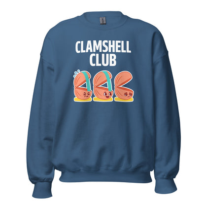 Clamshell Club funny physical therapy crewneck sweatshirt — Indigo Blue, front