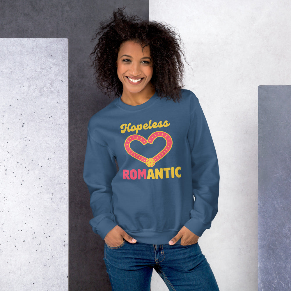Hopeless ROMantic funny physical therapy crewneck sweatshirt — Indigo Blue, on model