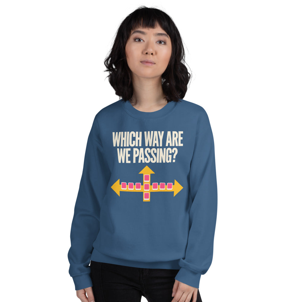 Which Way Are We Passing funny mahjong crewneck sweatshirt — Indigo Blue, on model