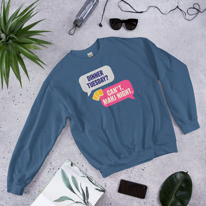 Mahj Night funny mahjong crewneck sweatshirt — Indigo Blue, flat lay