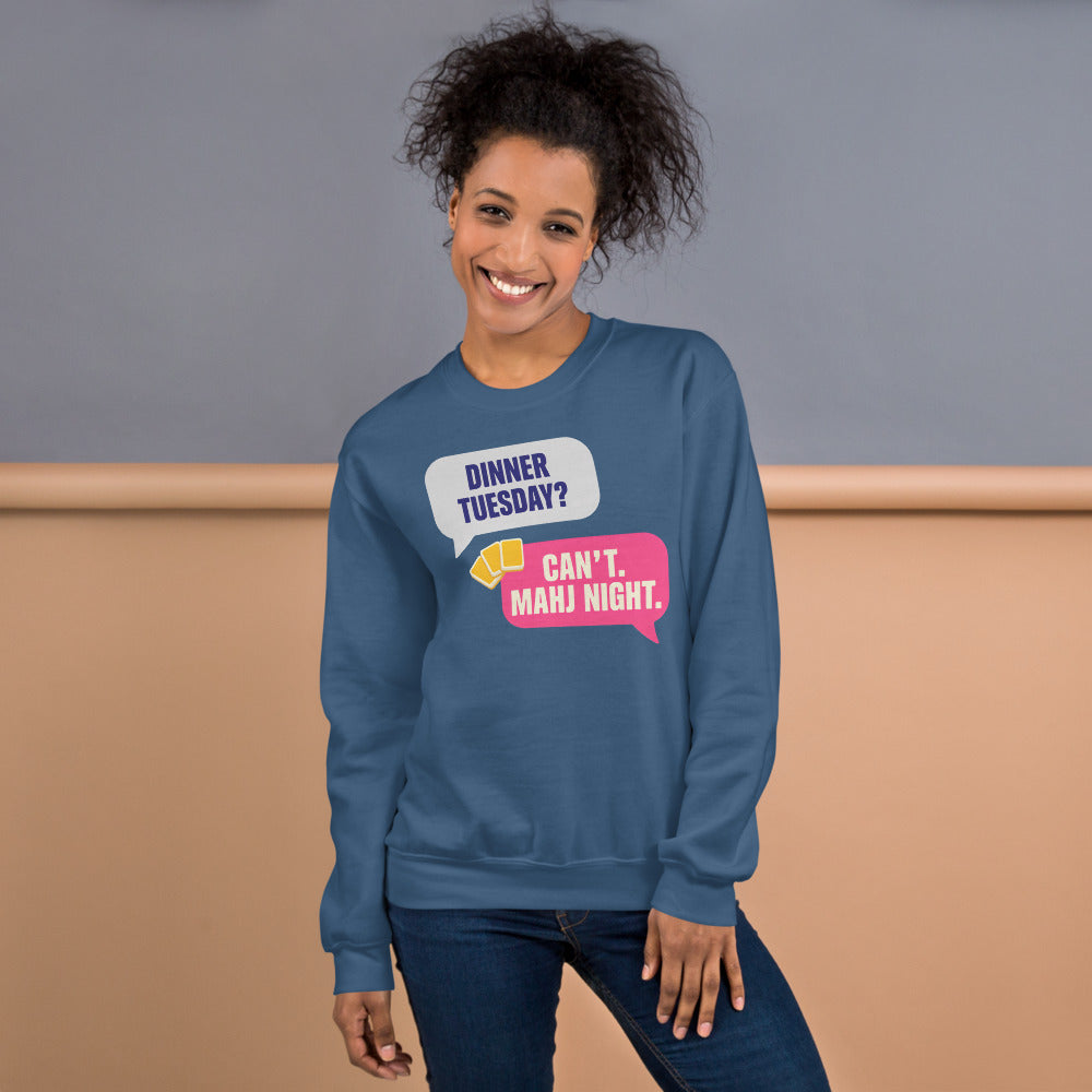 Mahj Night funny mahjong crewneck sweatshirt — Indigo Blue, on model
