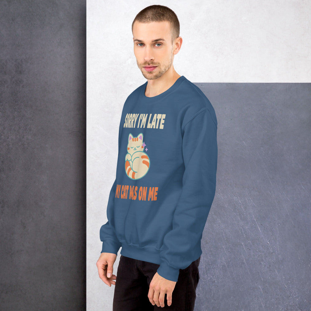 Sorry I'm Late My Cat Was On Me funny cat mom crewneck sweatshirt — Indigo Blue, on model