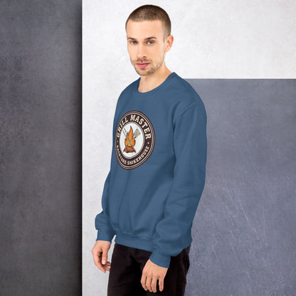 Grill Master retro backyard smokehouse crewneck sweatshirt — Indigo Blue, on model