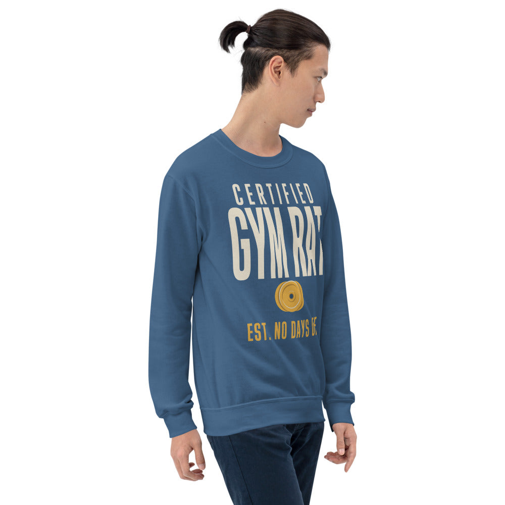 Certified Gym Rat vintage athletic crewneck sweatshirt — Indigo Blue, on model