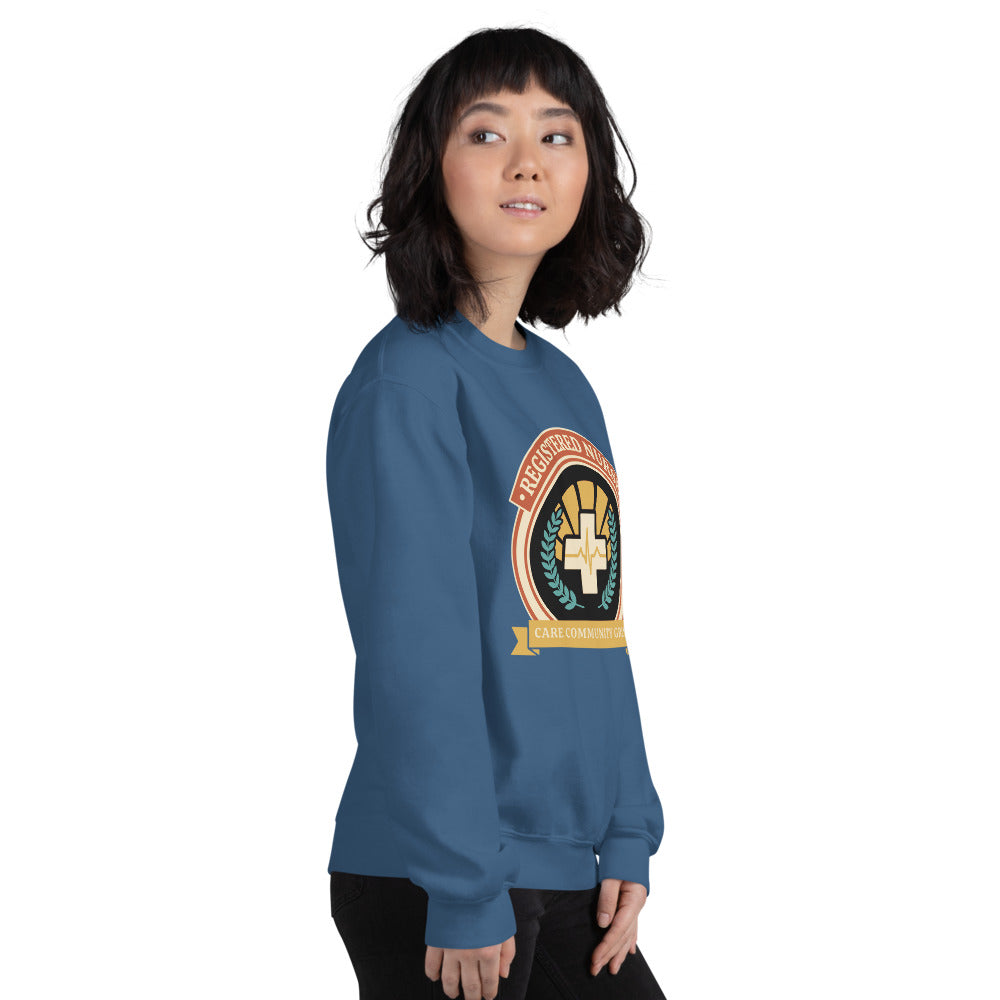 Registered Nurse vintage healthcare emblem badge crewneck sweatshirt — Indigo Blue, on model