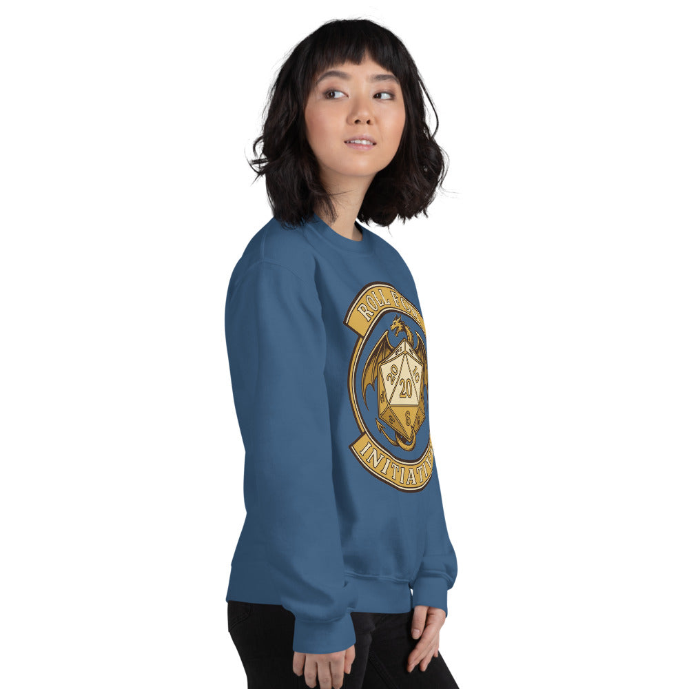Roll For Initiative d20 dragon tabletop RPG crewneck sweatshirt — Indigo Blue, on model