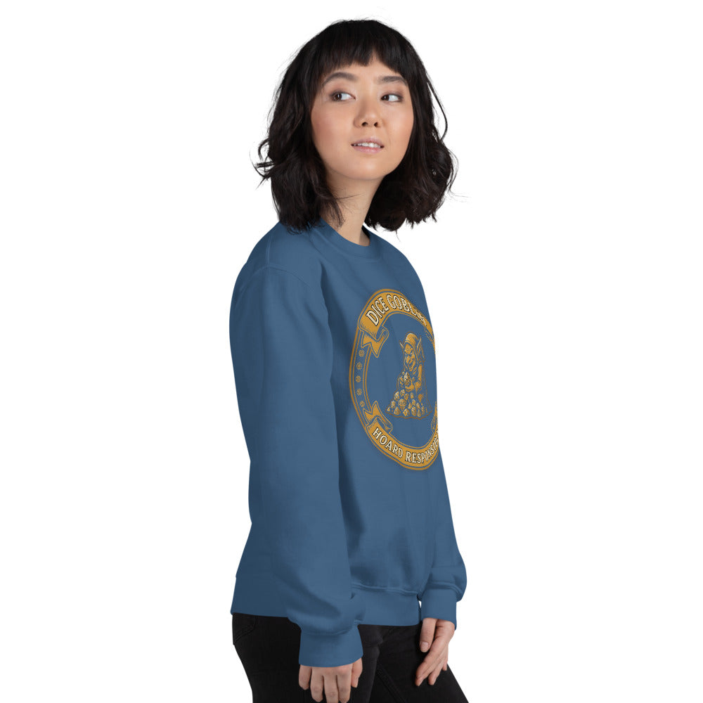Dice Goblin Hoard Responsibly tabletop RPG crewneck sweatshirt — Indigo Blue, on model