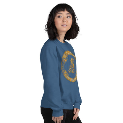 Dice Goblin Hoard Responsibly tabletop RPG crewneck sweatshirt — Indigo Blue, on model