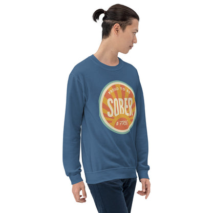 Sober & Proud retro sunburst crewneck sweatshirt — Indigo Blue, on model