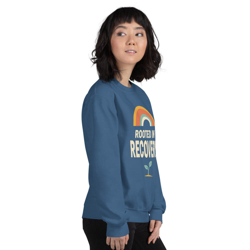 Rooted in Recovery retro rainbow crewneck sweatshirt — Indigo Blue, on model