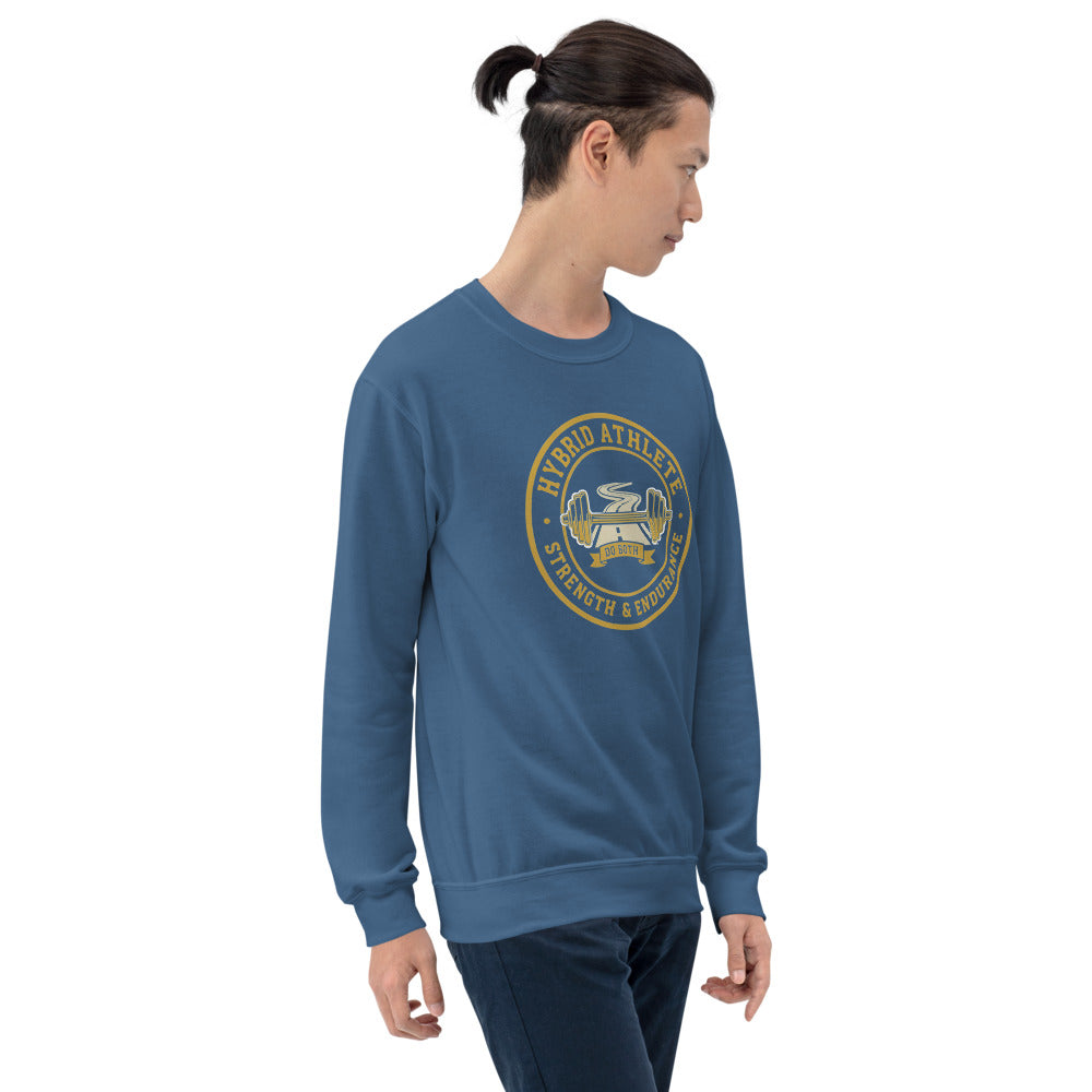 Hybrid Athlete vintage athletic-department crest crewneck sweatshirt — Indigo Blue, on model