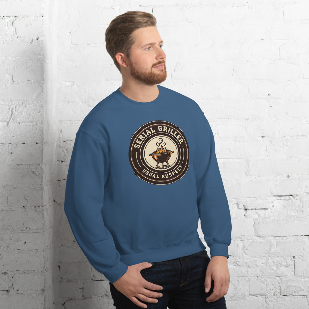 Serial Griller funny BBQ crewneck sweatshirt — Indigo Blue, on model