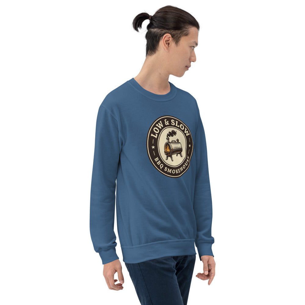 Low & Slow BBQ smoker crewneck sweatshirt — Indigo Blue, on model