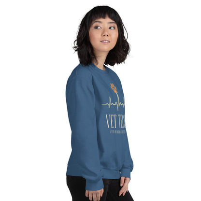 Every Heartbeat Matters minimalist vet tech crewneck sweatshirt — Indigo Blue, on model