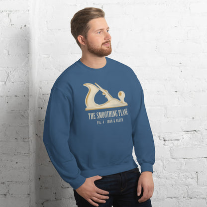 Fig. 4 The Smoothing Plane woodworking crewneck sweatshirt — Indigo Blue, on model