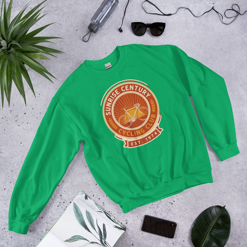 Sunrise Century C.C. retro cycling club badge crewneck — Irish Green, flat lay