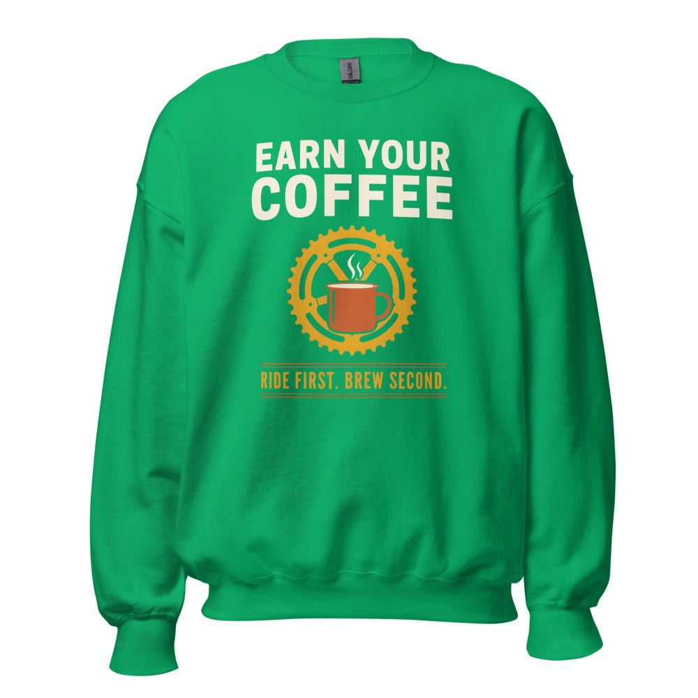 Earn Your Coffee retro cycling coffee crewneck — Irish Green, front
