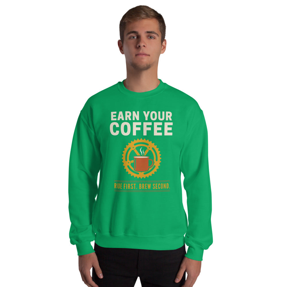 Earn Your Coffee retro cycling coffee crewneck — Irish Green, on model