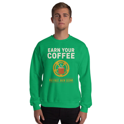 Earn Your Coffee retro cycling coffee crewneck — Irish Green, on model