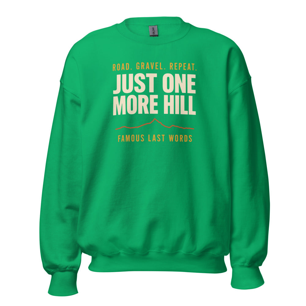 Just One More Hill retro cycling climb crewneck — Irish Green, front
