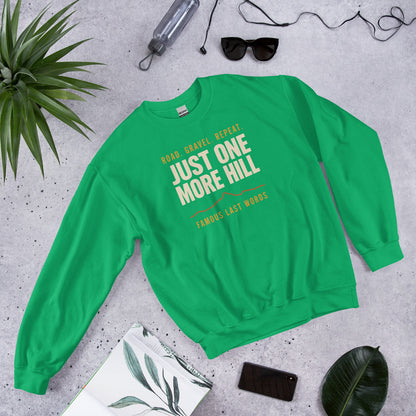 Just One More Hill retro cycling climb crewneck — Irish Green, flat lay