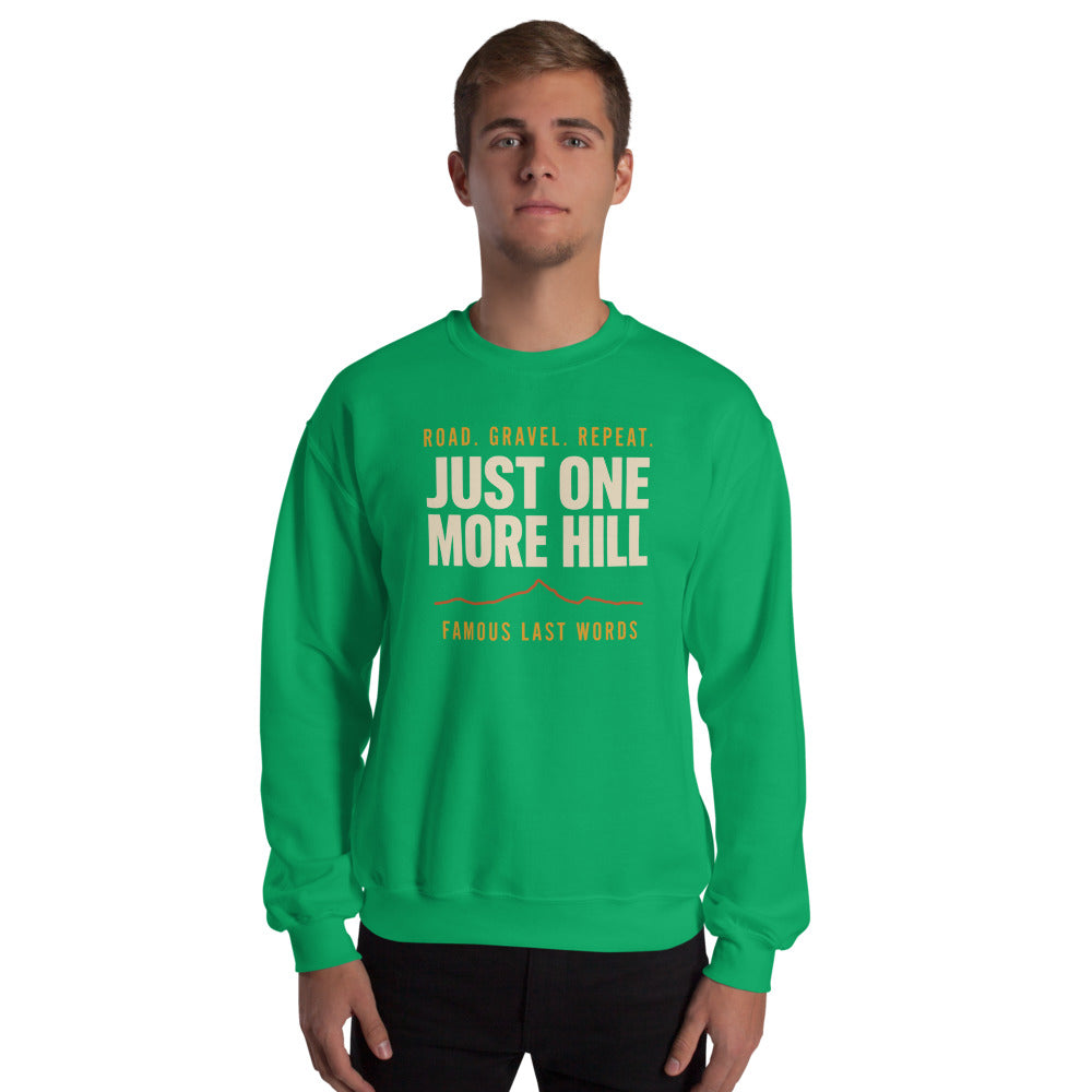 Just One More Hill retro cycling climb crewneck — Irish Green, on model