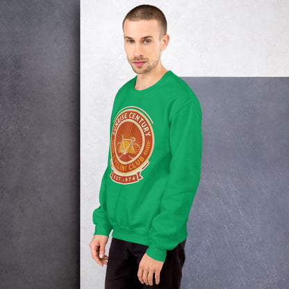 Sunrise Century C.C. retro cycling club badge crewneck — Irish Green, on model